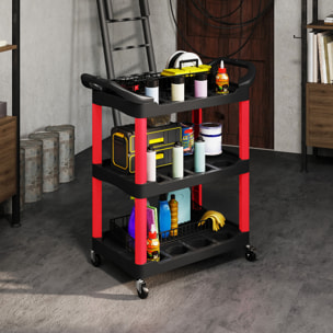 Carro de Taller Carro de Herramientas con 3 Estantes Ruedas y Asas para Garaje Mecánico Hogar Carga 91 kg Rojo y Negro