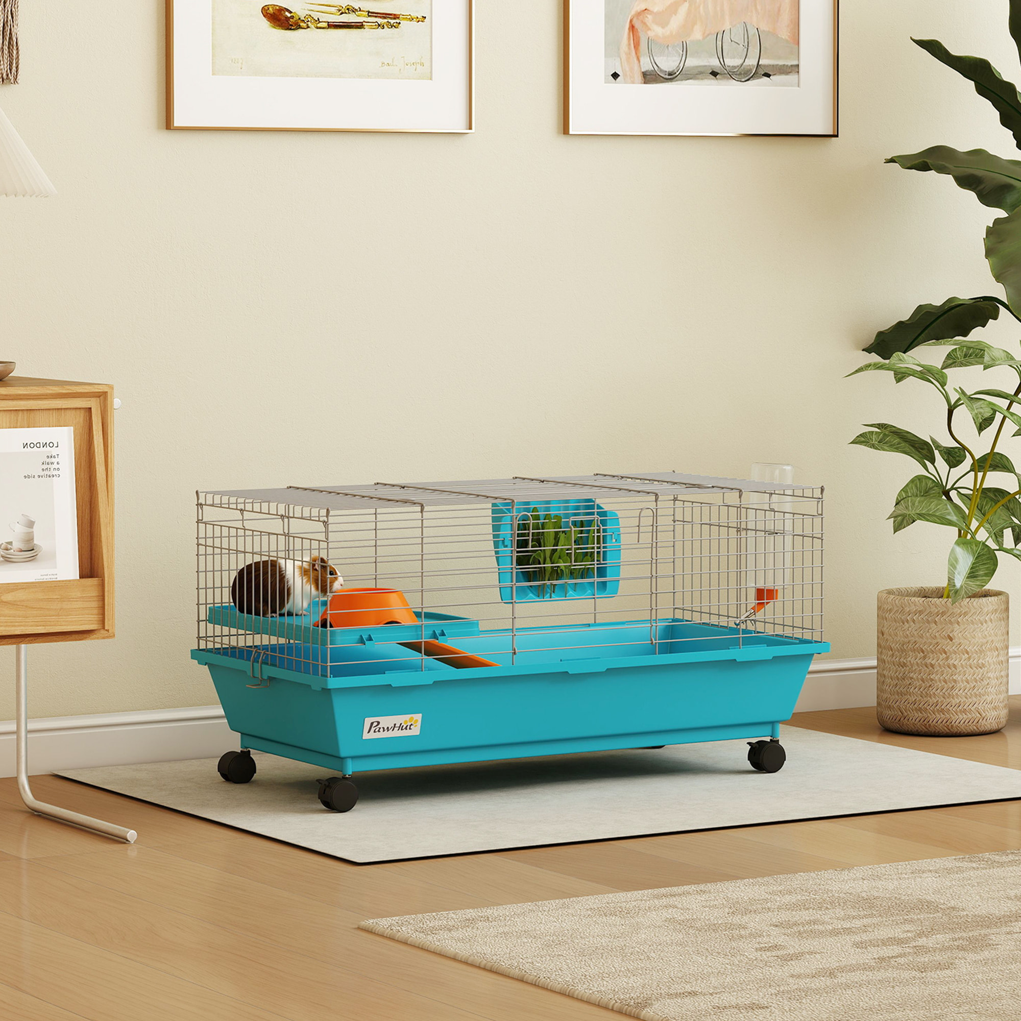 Jaula para Animales Pequeños, Jaula para Roedores con Ruedas, Botella de Agua, Comedero, Dispensador de Heno, Plataforma, Rampa, Bandeja Extraíble, para Conejos y Cobayas, 89x44x43 cm, Azul