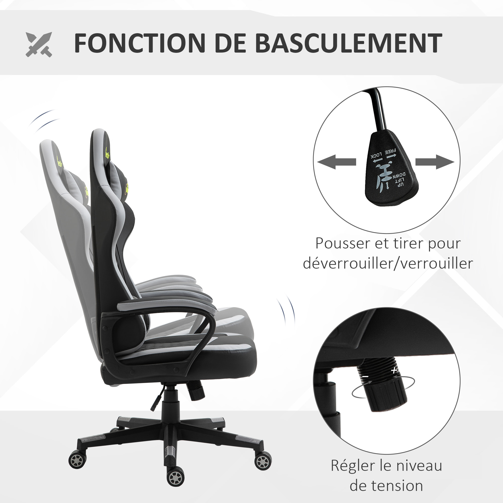 Chaise de bureau gaming réglable - coussin lombaires et tétière inclus - fonction bascule verrouillable - noir gris