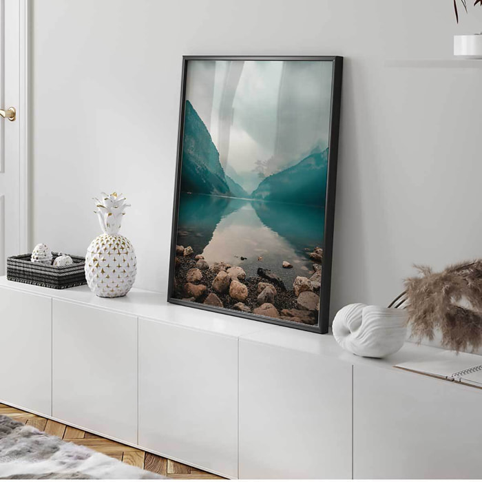 Affiche encadrée lac de montagne turquoise et rochers Affiche + cadre en métal - Noir
