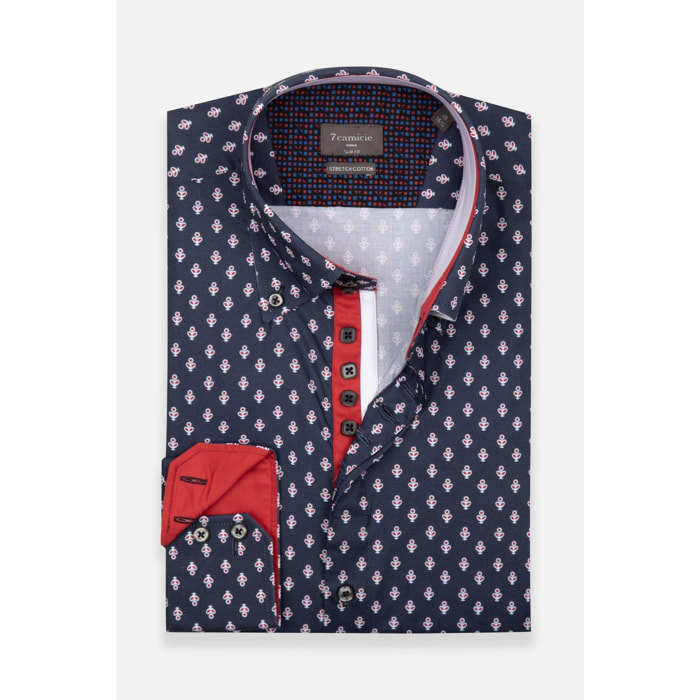 Camicia Uomo 2 Bottoni Button Down Slim Popeline Stretch Stampato Blu\Rosso
