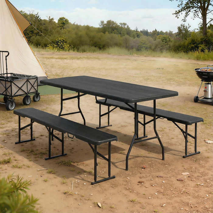 Ensemble table 2 bancs pliables avec poignées - usage pique-nique camping - métal époxy HDPE noir