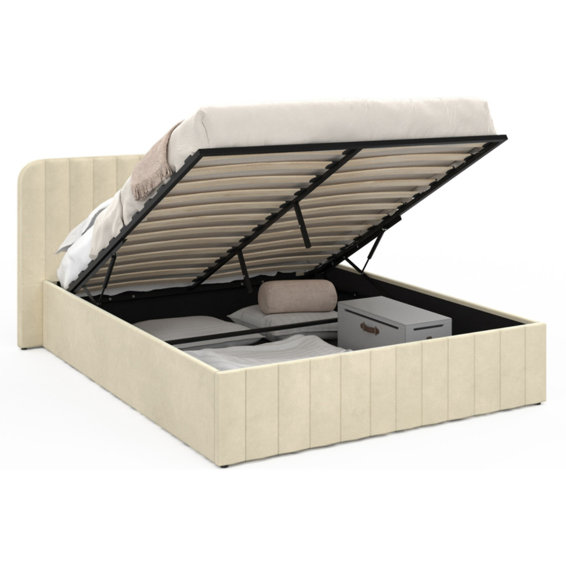 Lit coffre Valentina avec sommier et tête de lit - Velours beige
