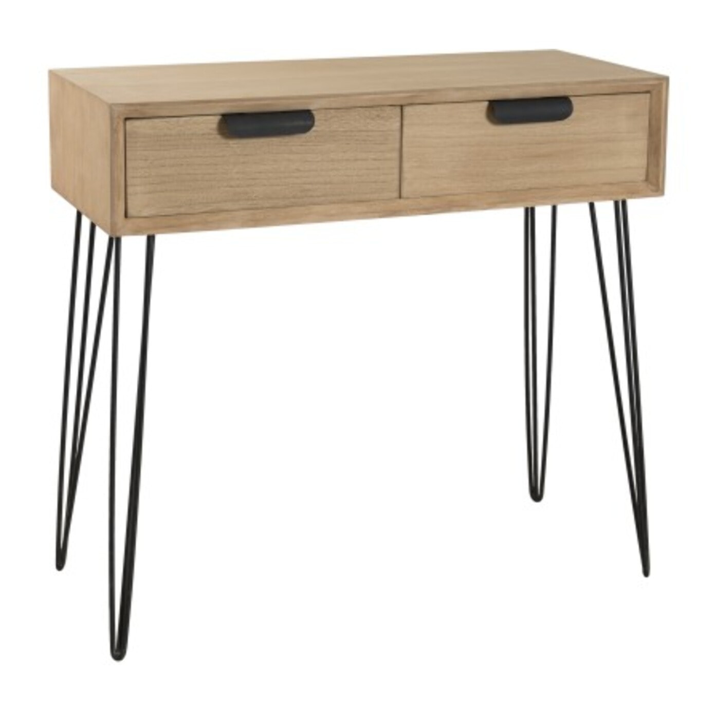 MARGAUX - Console bois naturel 2 tiroirs pieds épingles métal noir