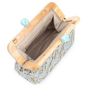 Borbera Borsa a tracolla Donna. Realizzata in legno naturale, cotone e juta con design in rete di tessuto floreale.