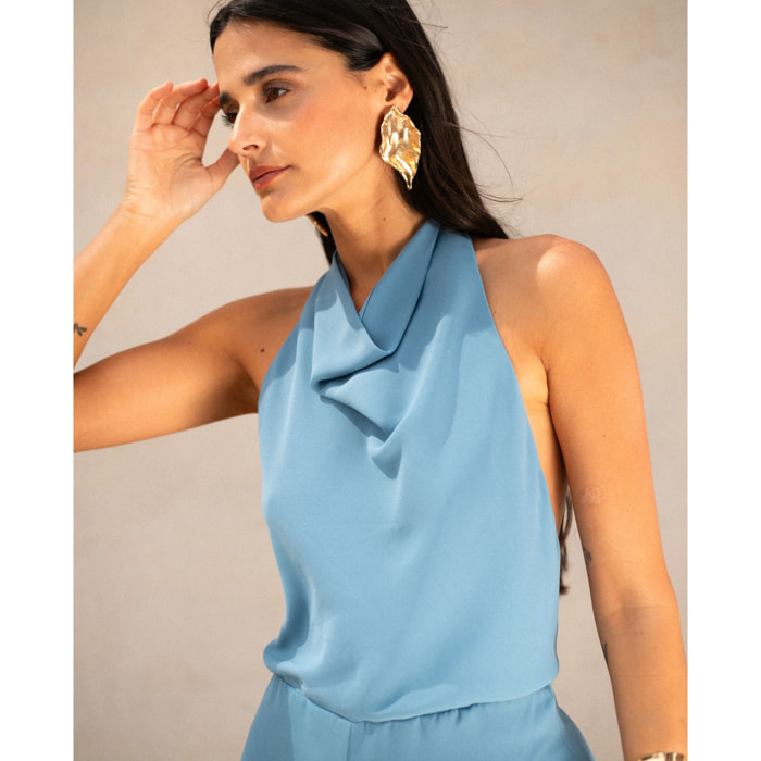 Mono largo de gasa con cuello halter drapeado de mujer