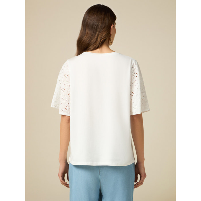 Oltre - T-shirt con maniche in sangallo - Bianco