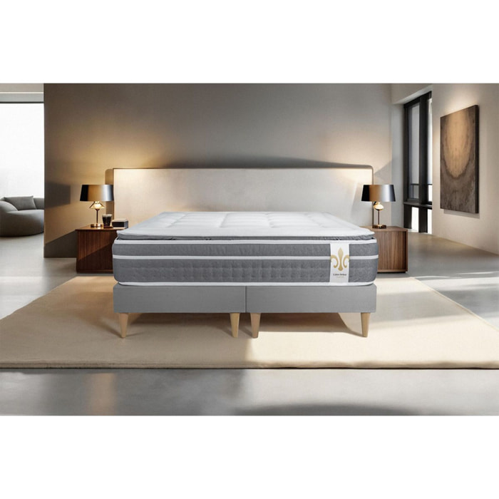 Ensemble Matelas Trente PLUS - 30cm - Hybride - Effet nuage avec surmatelas intégré - Sommier Tapissier Gris