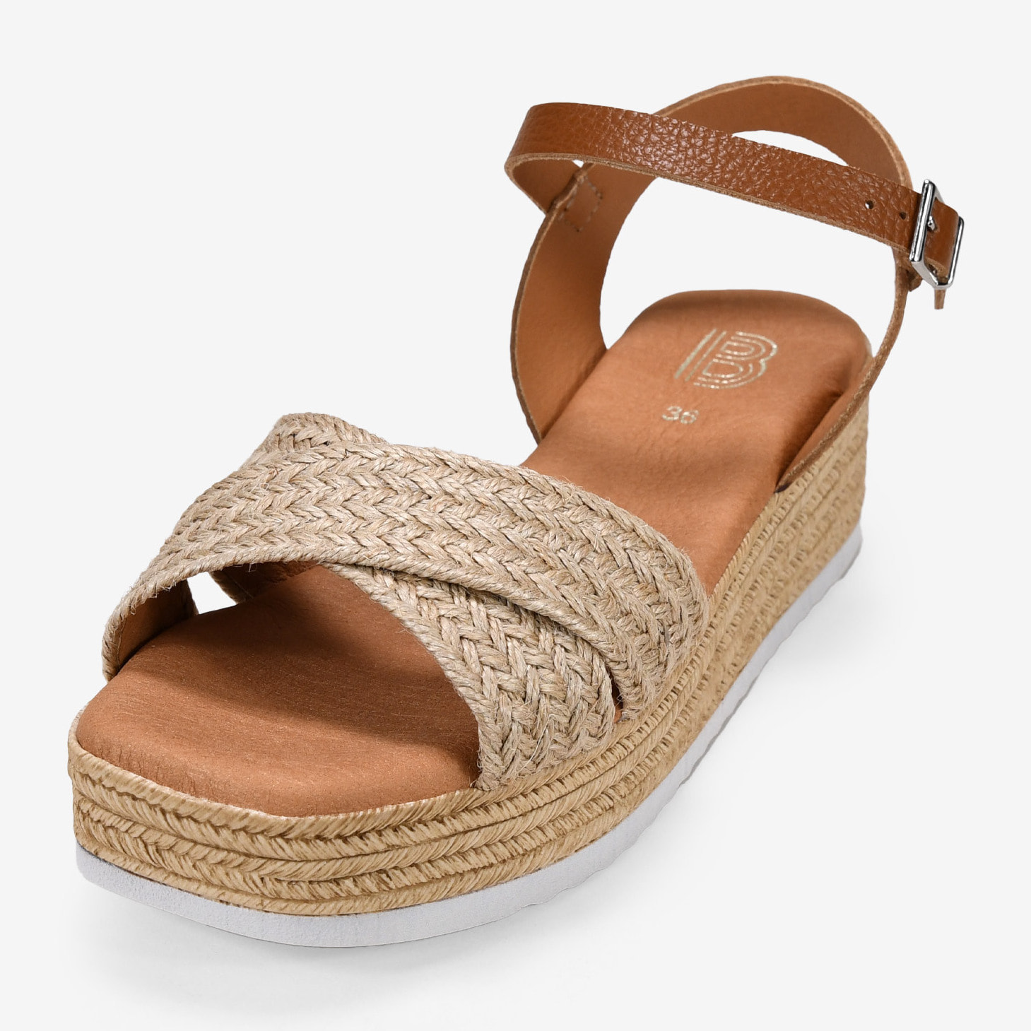 Sandalias de piel cuero con cuña y plataforma de esparto