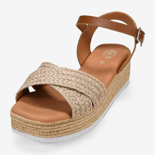 Sandalias de piel cuero con cuña y plataforma de esparto