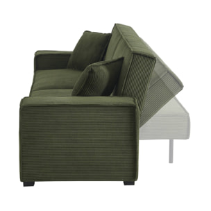 Canapé convertible 3 places kaki velours côtelé L 231 x P 96.5 x H 80cm