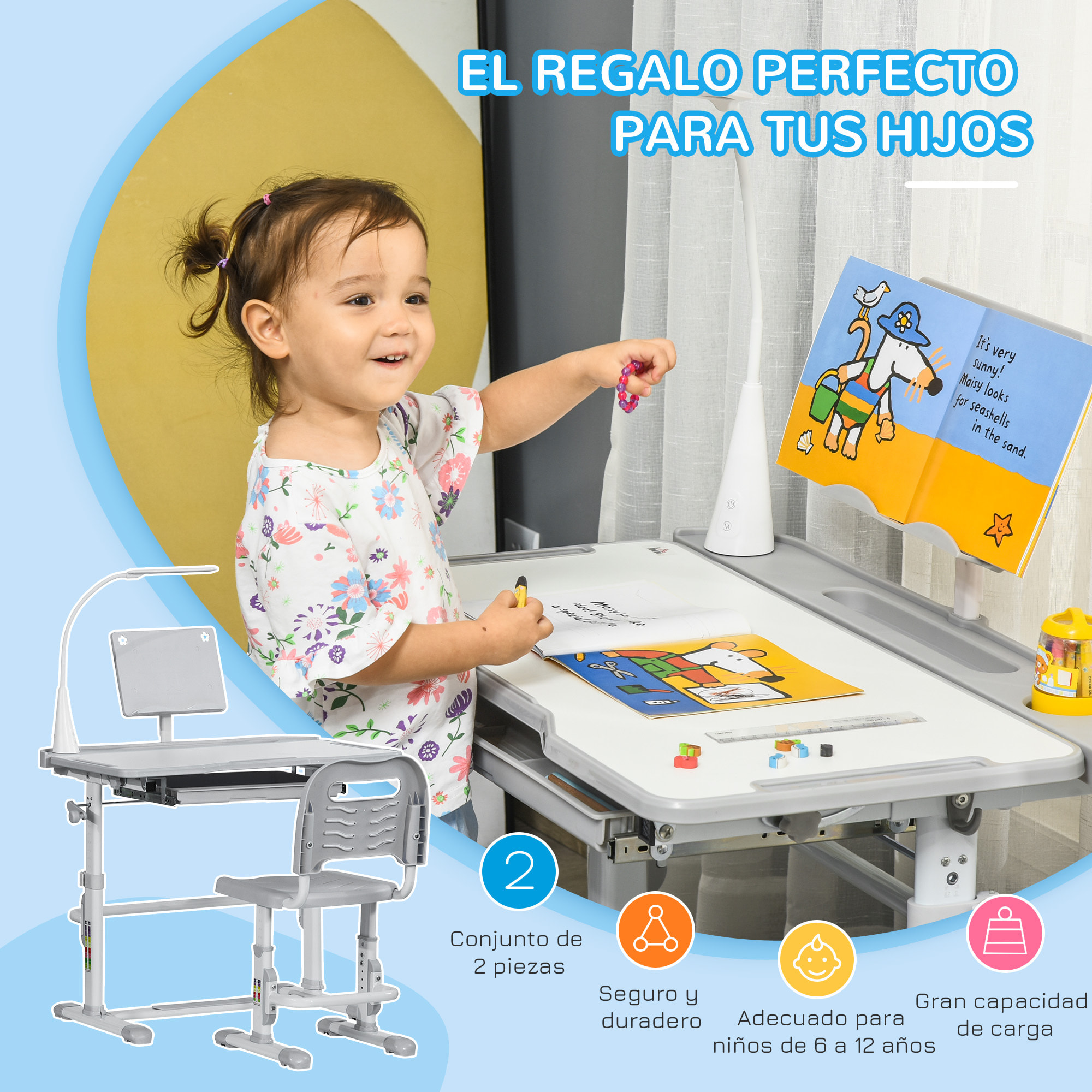 Juego de Escritorio y Silla para Niños de +6 Años Pupitre Infantil con Altura Ajustable Mesa Inclinable Cajón Lámpara LED y Portalápices 80x49,5x82-104 cm y 35,5x43,5x63-73 cm Gris