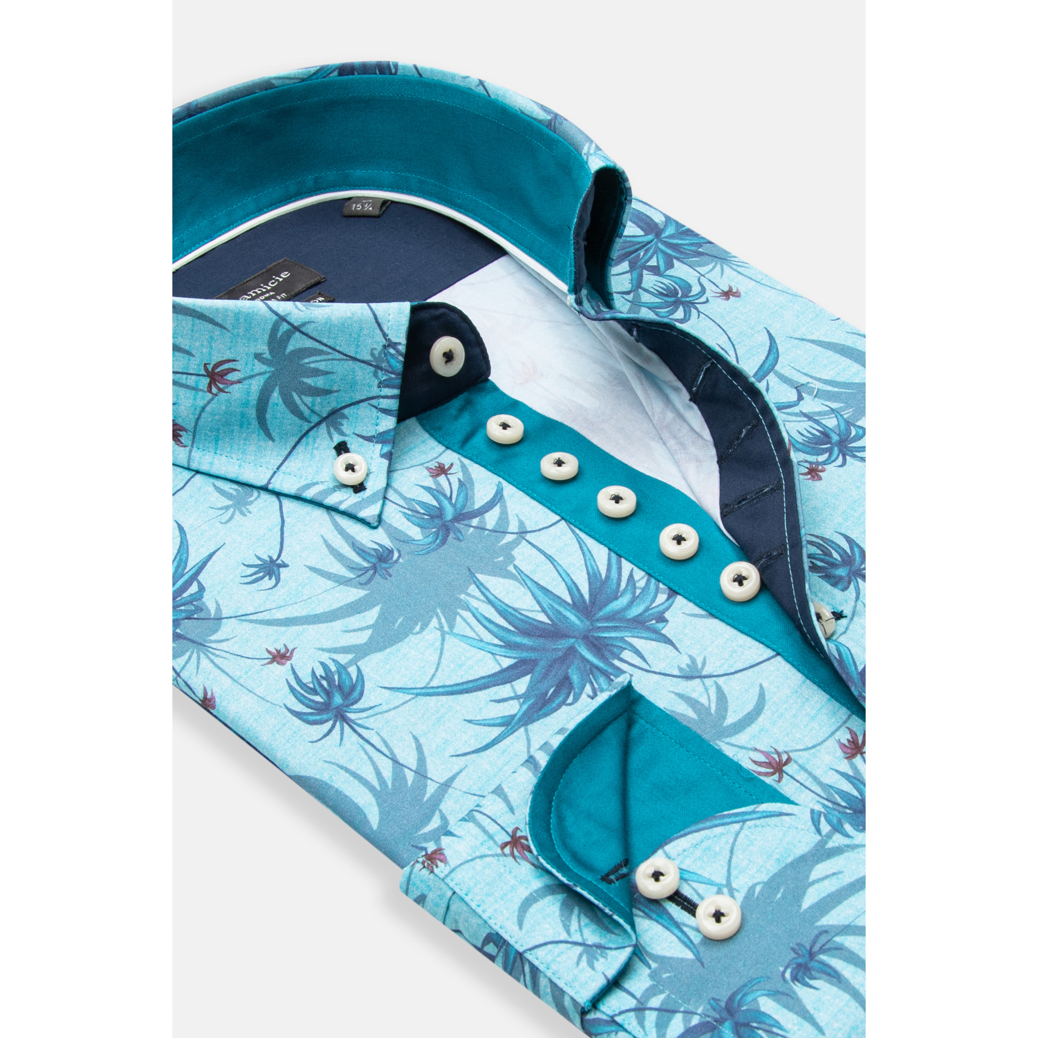 Camicia Uomo 1 Bottoni Button Down Slim Popeline Stampato Turchese/Blu