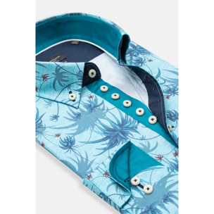 Camicia Uomo 1 Bottoni Button Down Slim Popeline Stampato Turchese/Blu