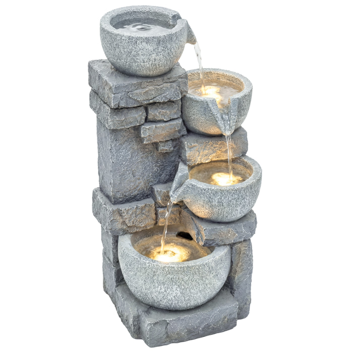 Fuente de Agua Decorativa con Iluminación LED y Bomba, Fuente de Jardín Exterior en Cascada de 4 Niveles, Flujo Ajustable, Resistente a la intemperie, para Jardín, Terraza, Patio, Gris