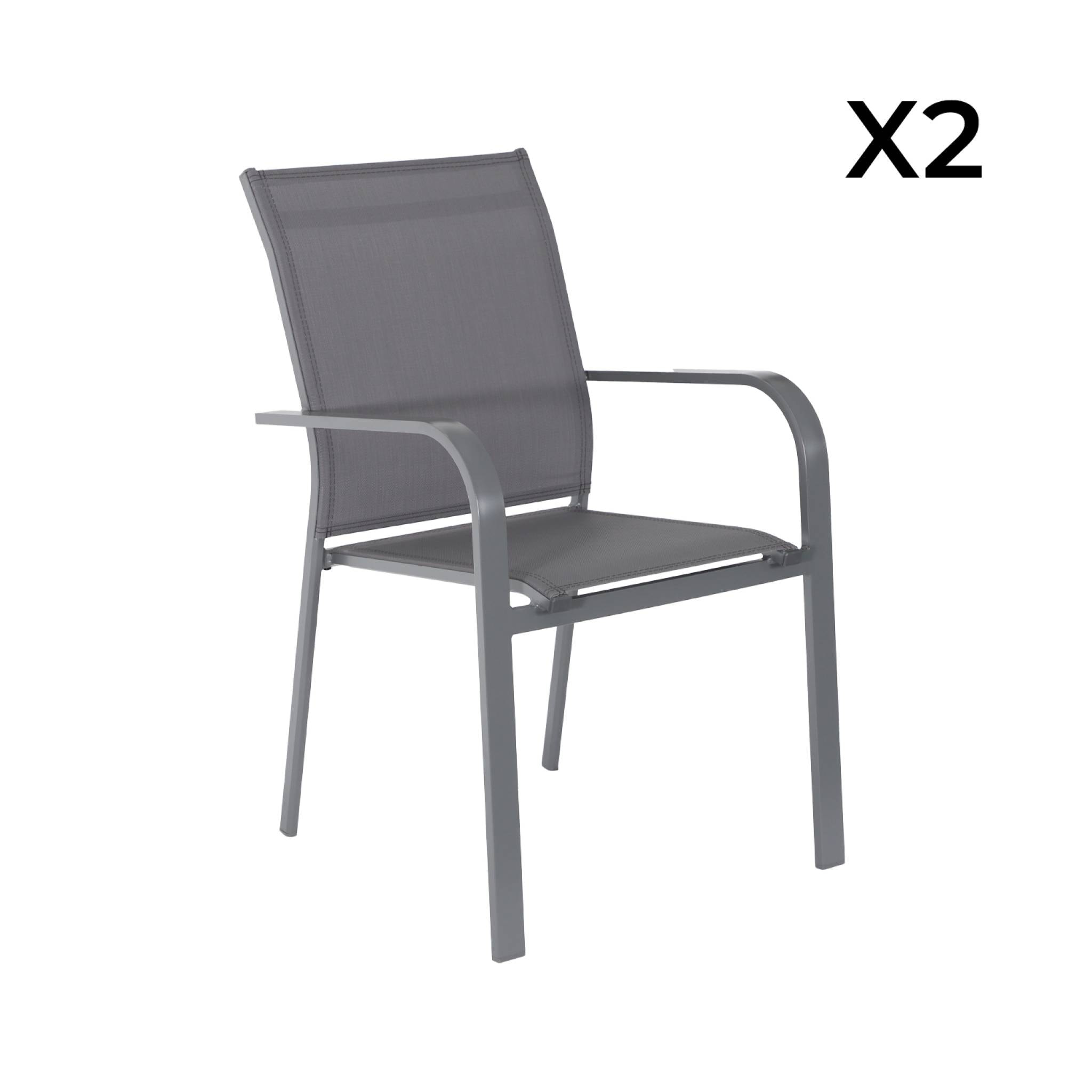 Lot de 2 fauteuils de jardin BUFFALO empilables aluminium et textilene anthracite. 64.5 x 45.5 x 89.5 cm