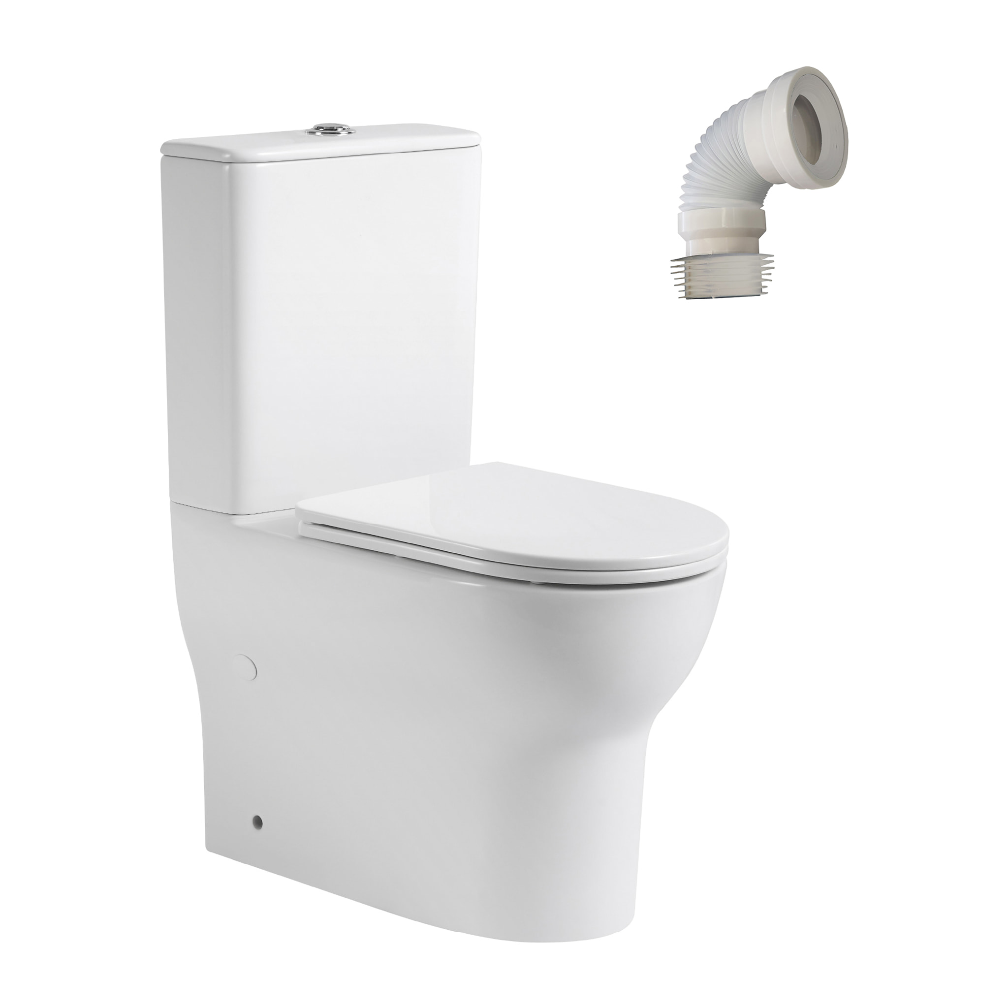 Pack WC A2 + Manguito conector | Inodoro de ceramica | Manguito extensible 150-470mm | WC con Tapa amortiguada | Doble descarga | Salida dual | Alday