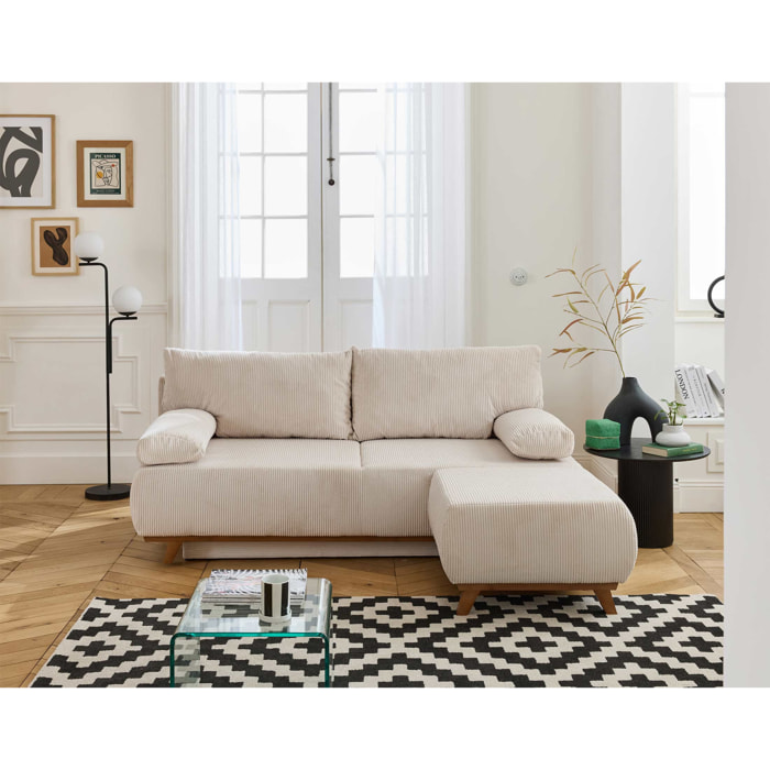 Cristal - canapé 3 places - convertible avec coffre et pouf - en velours côtelé - Beige