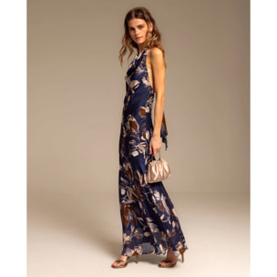 Vestido Largo Floral con Escote Halter Drapeado