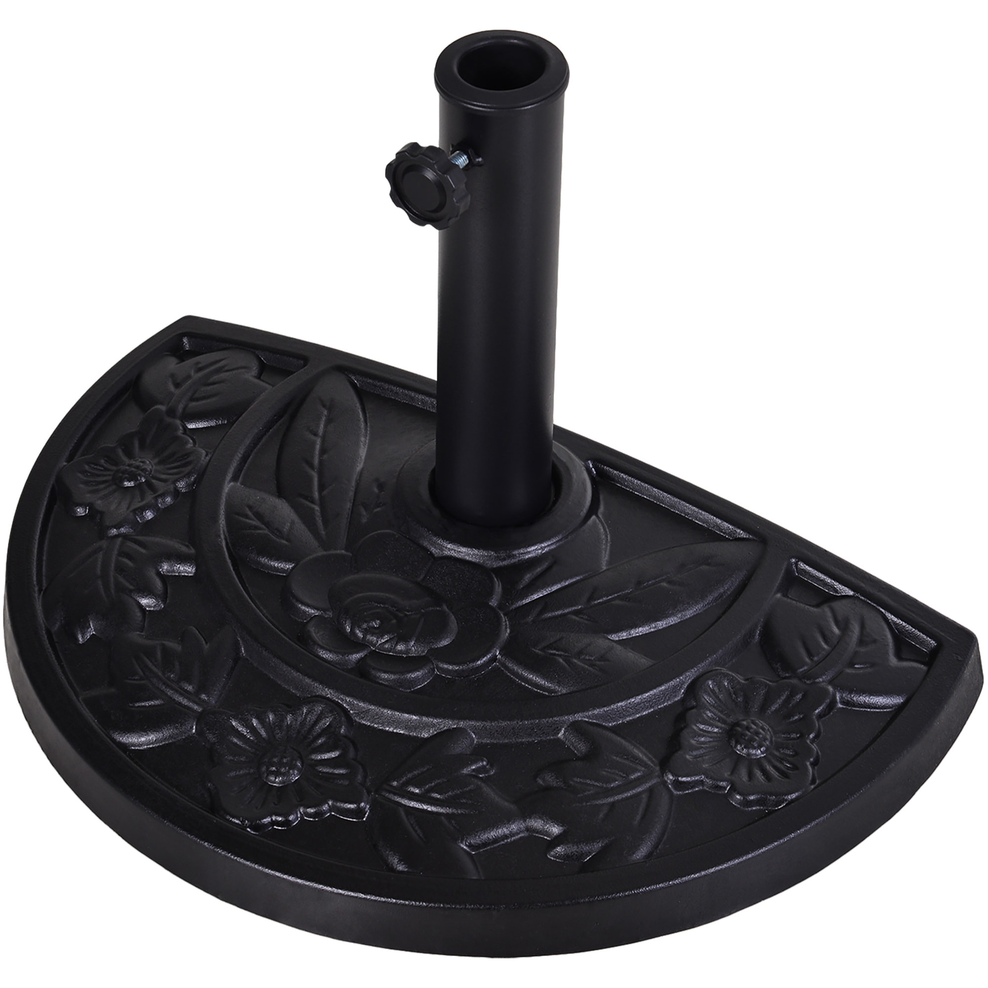 Pied de parasol base de lestage parasol demi-cercle résine imitation fonte motif fleur 50L x 31l x 32H cm noir