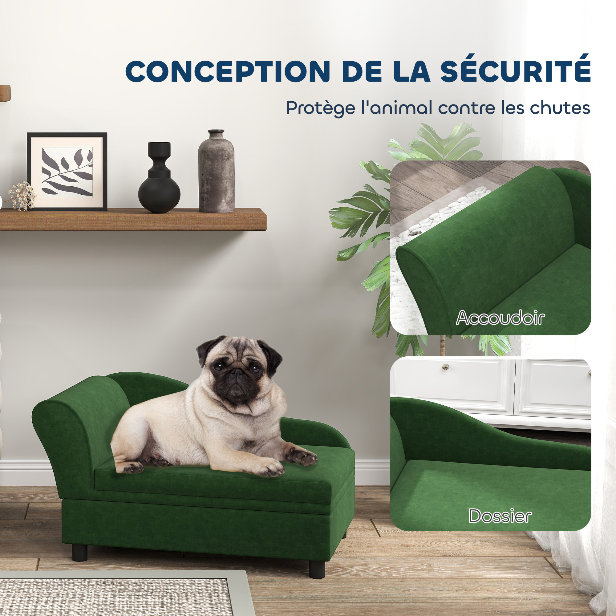 Canapé chien design méridienne - coffre rangement intégré - velours vert