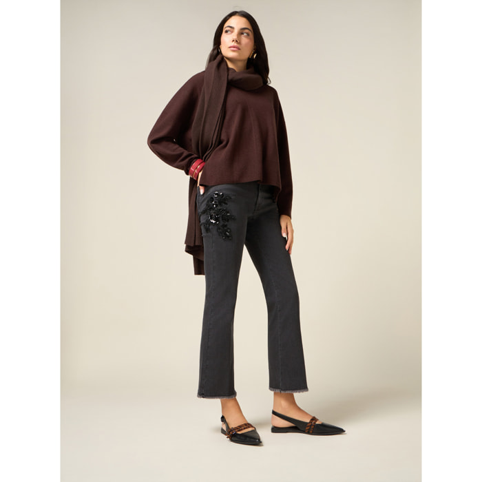 Oltre - Jeans cropped wide in denim con patch decorativo - Black Print