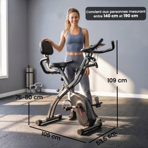 Vélo d'appartement pliable 3-en-1 classique semi-allongé bandes de résistance noir