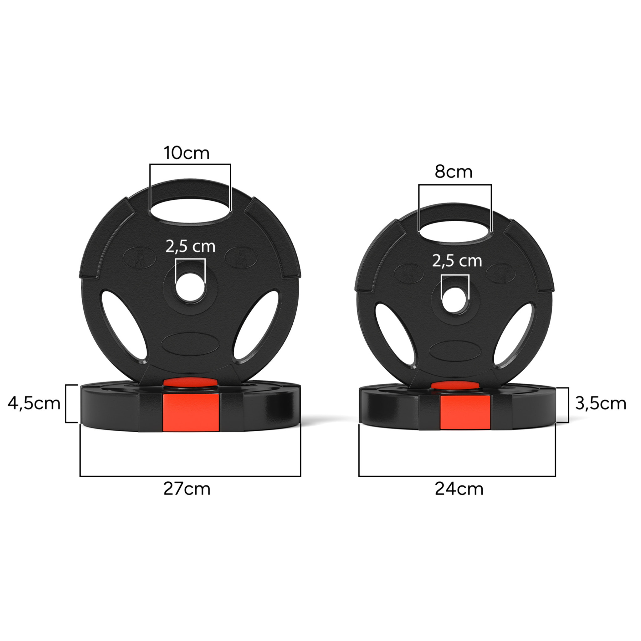 Disques de poids 2 x 5Kg + 2 x 2,5Kg - 3 poignées - trous de Ø25 mm - revêtement PP noir