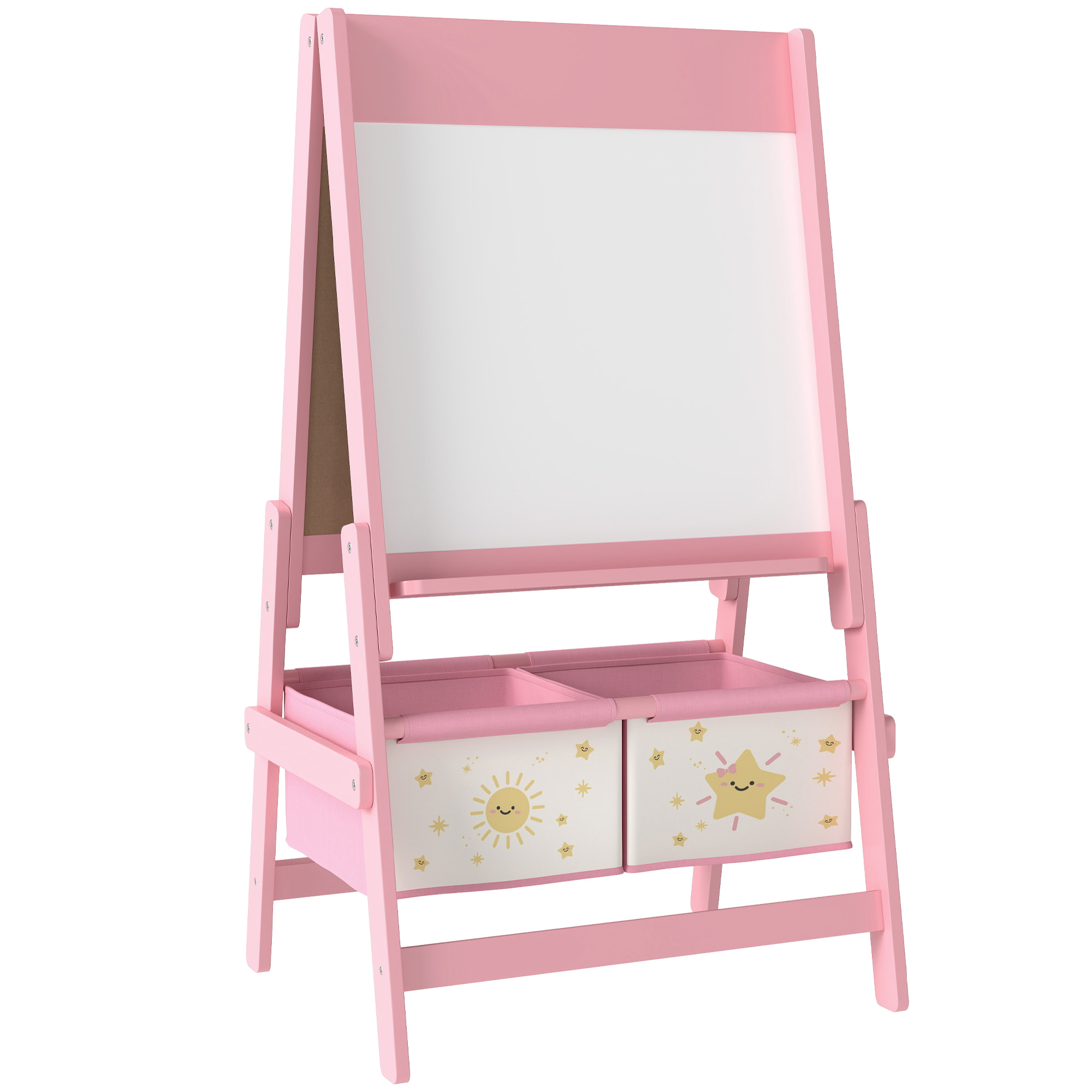 Tableau chevalet enfant - tableau blanc, tableau à craie, rouleau papier 3 en 1 - paniers rangement intégrés - MDF pin rose