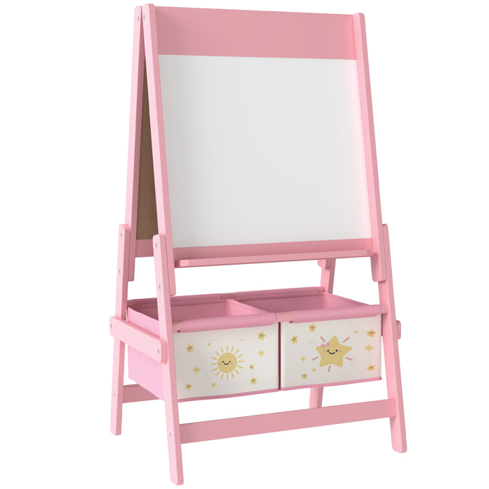 Tableau chevalet enfant - tableau blanc, tableau à craie, rouleau papier 3 en 1 - paniers rangement intégrés - MDF pin rose