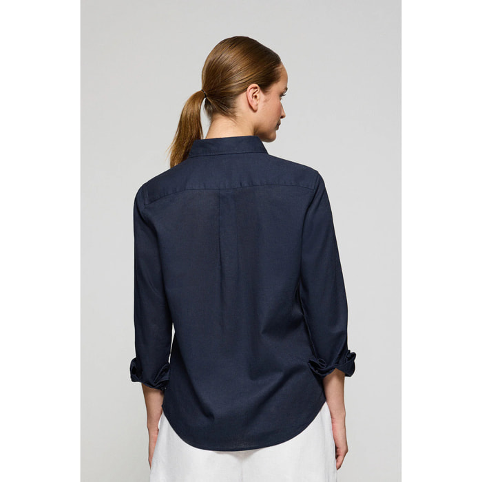 Camicia blu marino in lino e cotone regular fit con ricamo Rigby Go
