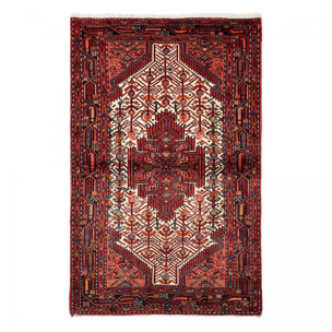 Tapis d'orient, 111 x 175 cm, rouge, bordeaux et crème, artisanal, HAMADAN 24