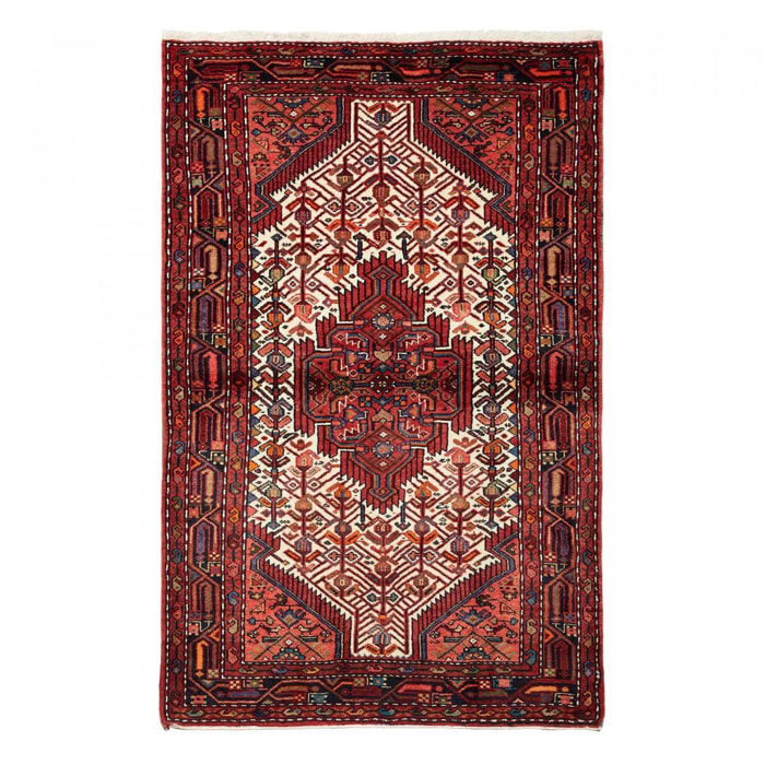 Tapis d'orient, 111 x 175 cm, rouge, bordeaux et crème, artisanal, HAMADAN 24
