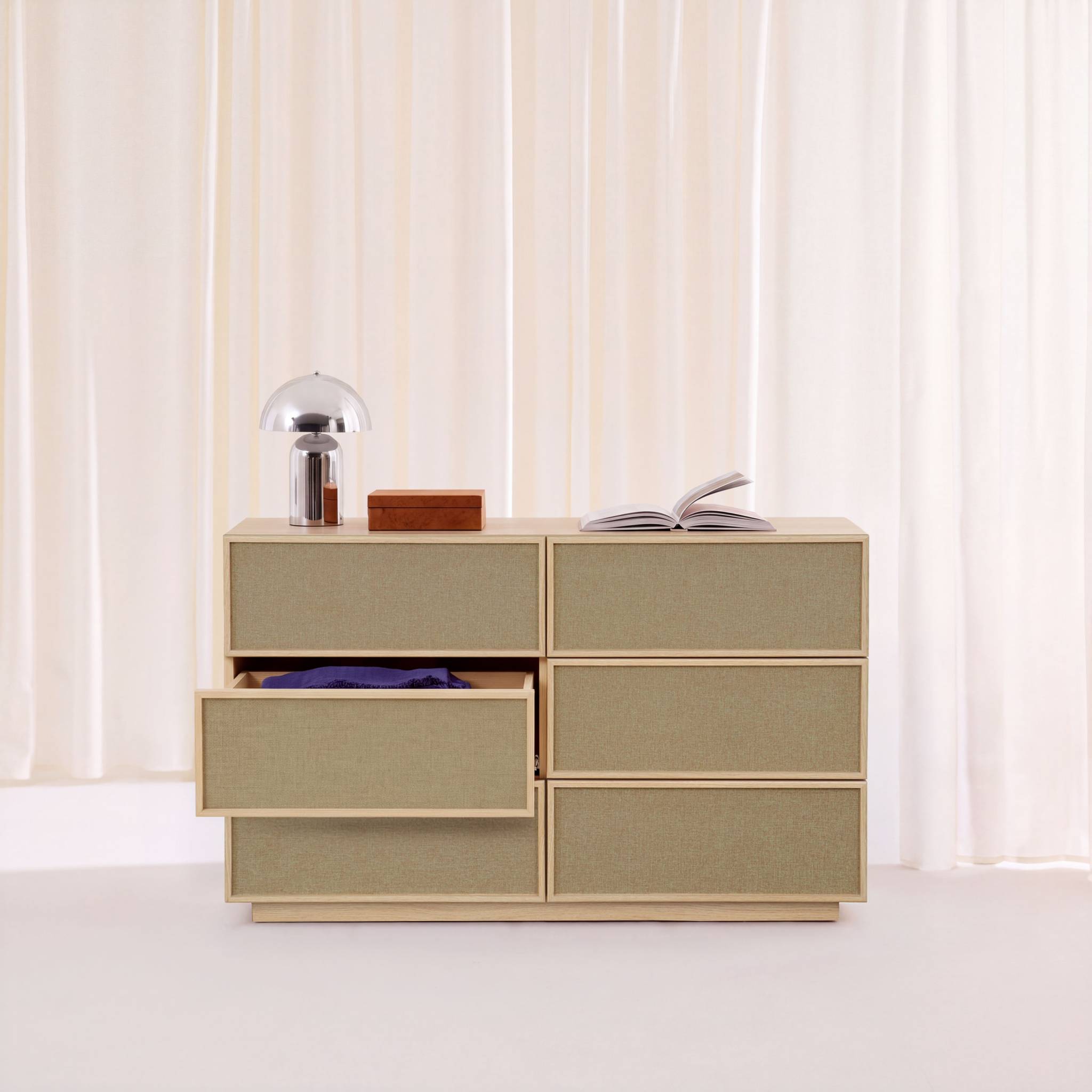 Commode de rangement décor bois et tissu 6 tiroirs KUBA