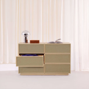 Commode de rangement décor bois et tissu 6 tiroirs KUBA