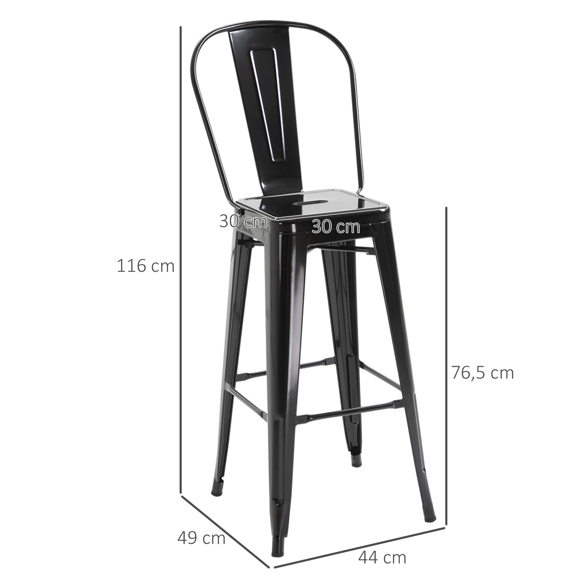 Lot de 4 tabourets de bar industriel avec dossier hauteur assise 76,5 cm métal noir