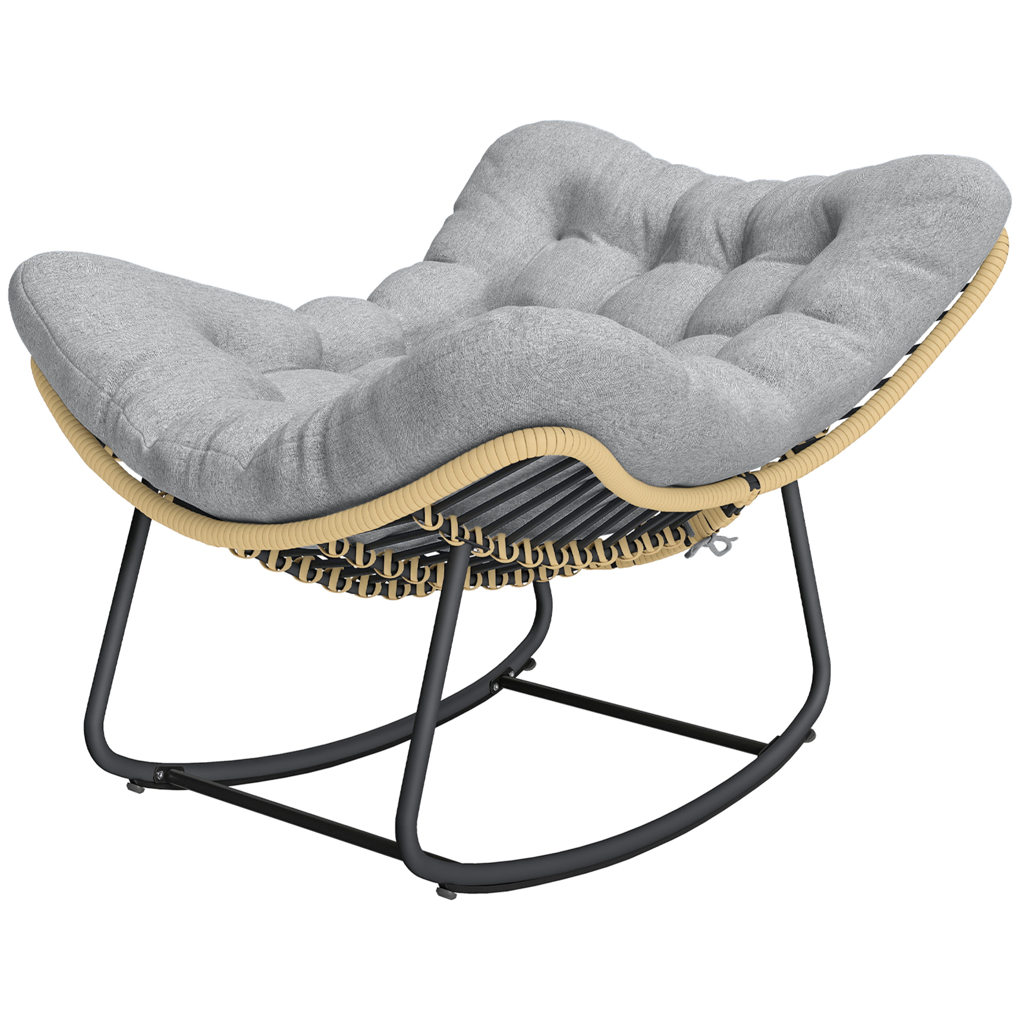Fauteuil à bascule avec coussin design résine filaire effet rotin naturel métal noir