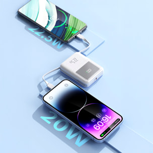 Powerbank 10.000mAh con ricarica rapida PD22,5W e ricarica wireless da 15W. Cavi USB-C e Lightning integrati. Schermo LED di carica.