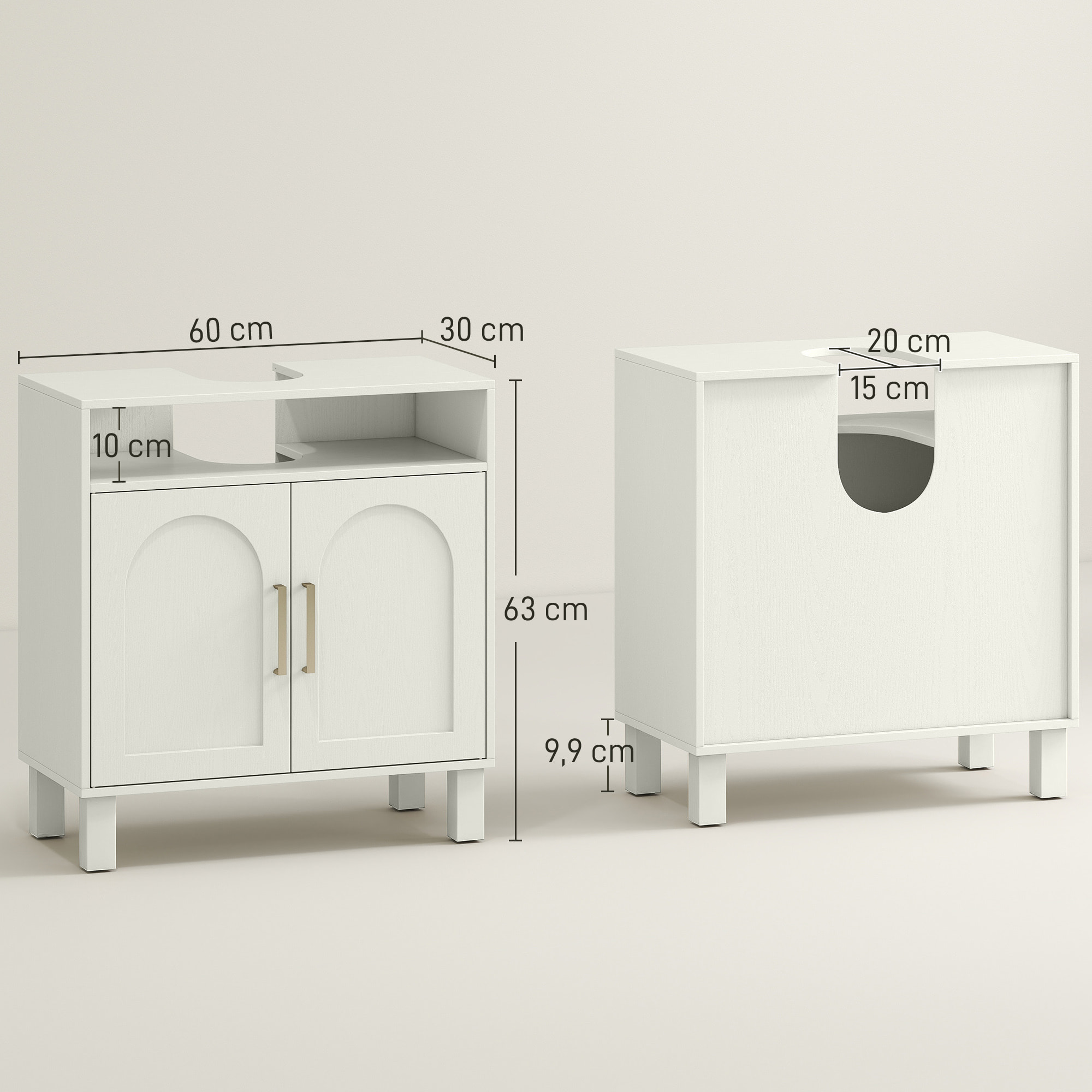 Mueble Bajo Lavabo, Mueble de Baño con Estante Ajustable para Lavabos sin Pedestal, 60x30x63 cm, Blanco Crema