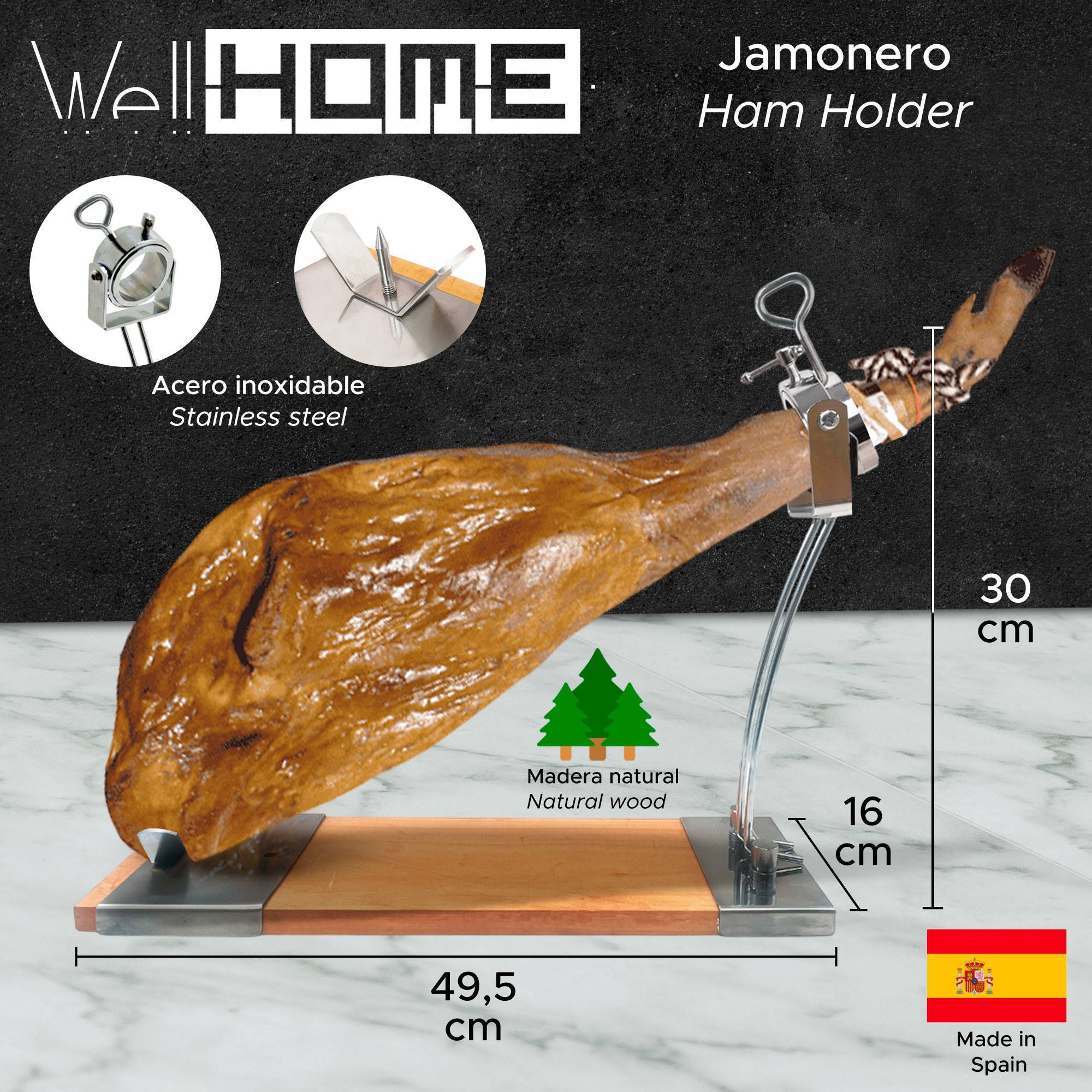 jamonero iberia luxe cabezal giratorio, en madera y acero inoxidable + set de cuchillo jamonero (25cm) y chaira (21cm)