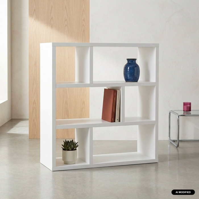 Etagère bibliothèque décor bois asymétrique 3 niveaux 6 compartiments BASIKS