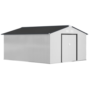 Caseta de Jardín Exterior, 12,4 m² 340x386x200 cm, Cobertizo de Jardín Exterior Metálico con Puerta Corredera, Base Refuerzo (Suelo NO Incluido) y Ventanas Blanco