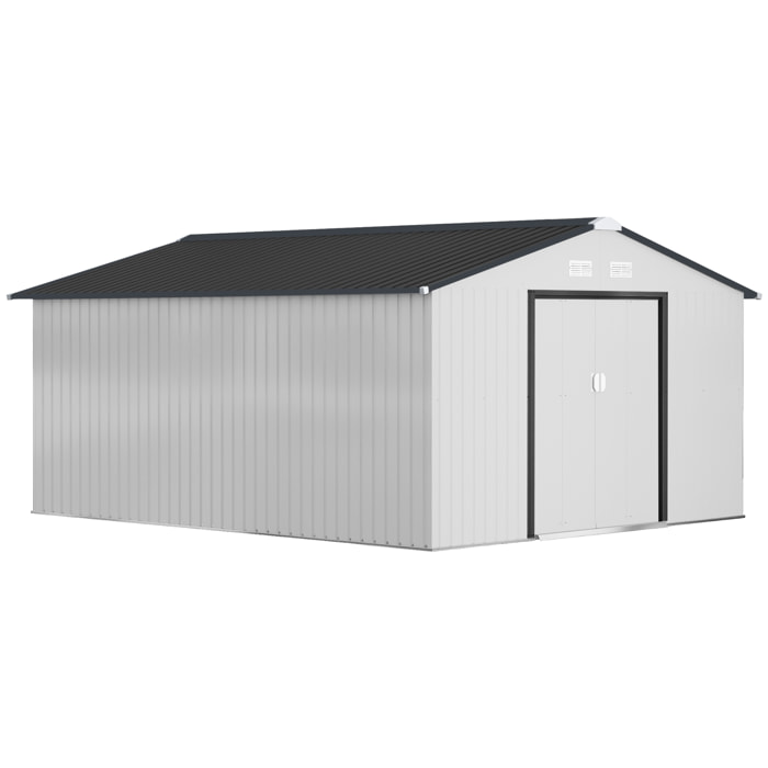 Caseta de Jardín Exterior, 12,4 m² 340x386x200 cm, Cobertizo de Jardín Exterior Metálico con Puerta Corredera, Base Refuerzo (Suelo NO Incluido) y Ventanas Blanco
