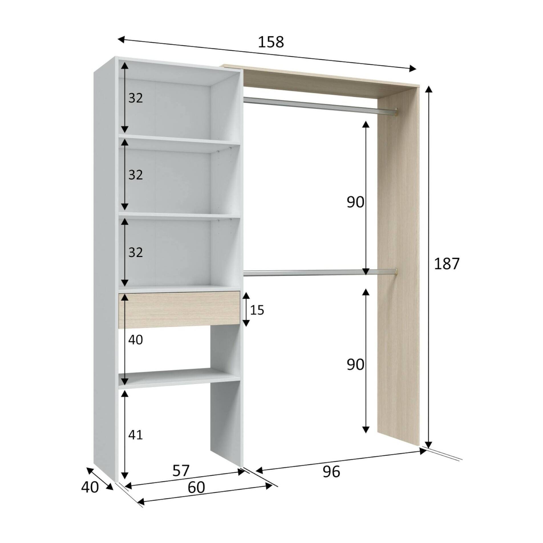 Guardaroba Miramar, Struttura per cabina armadio, Armadio aperto senza ante, Cabina armadio, cm 158x40h187, Bianco e Rovere