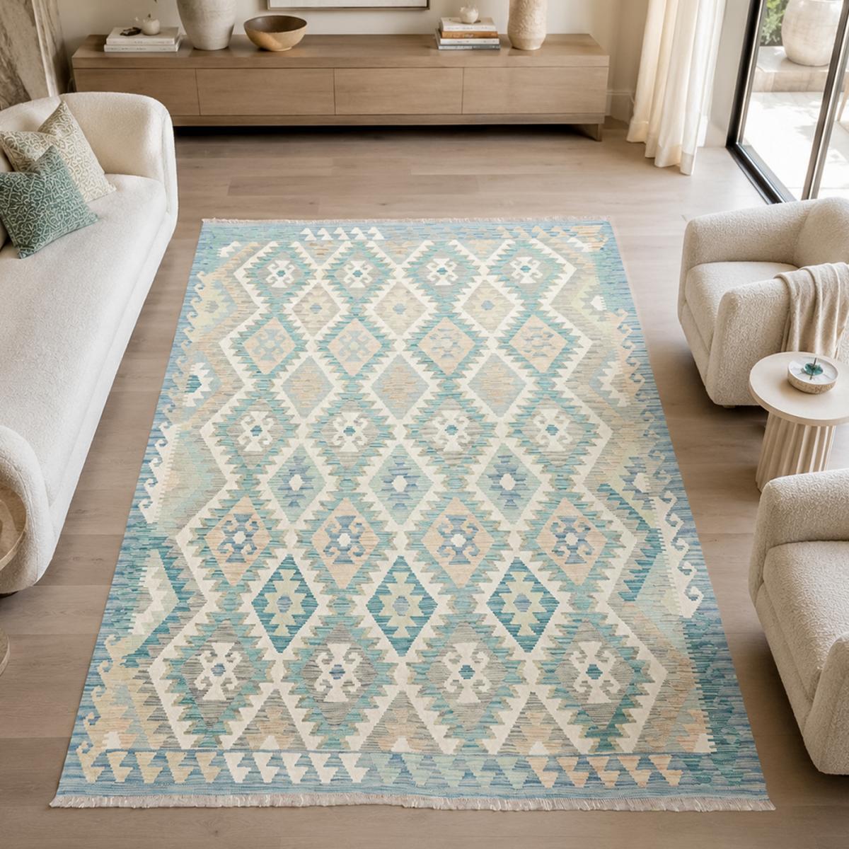 Tapis kilim, motif géométrique authentique, tissé à plat, ZULA