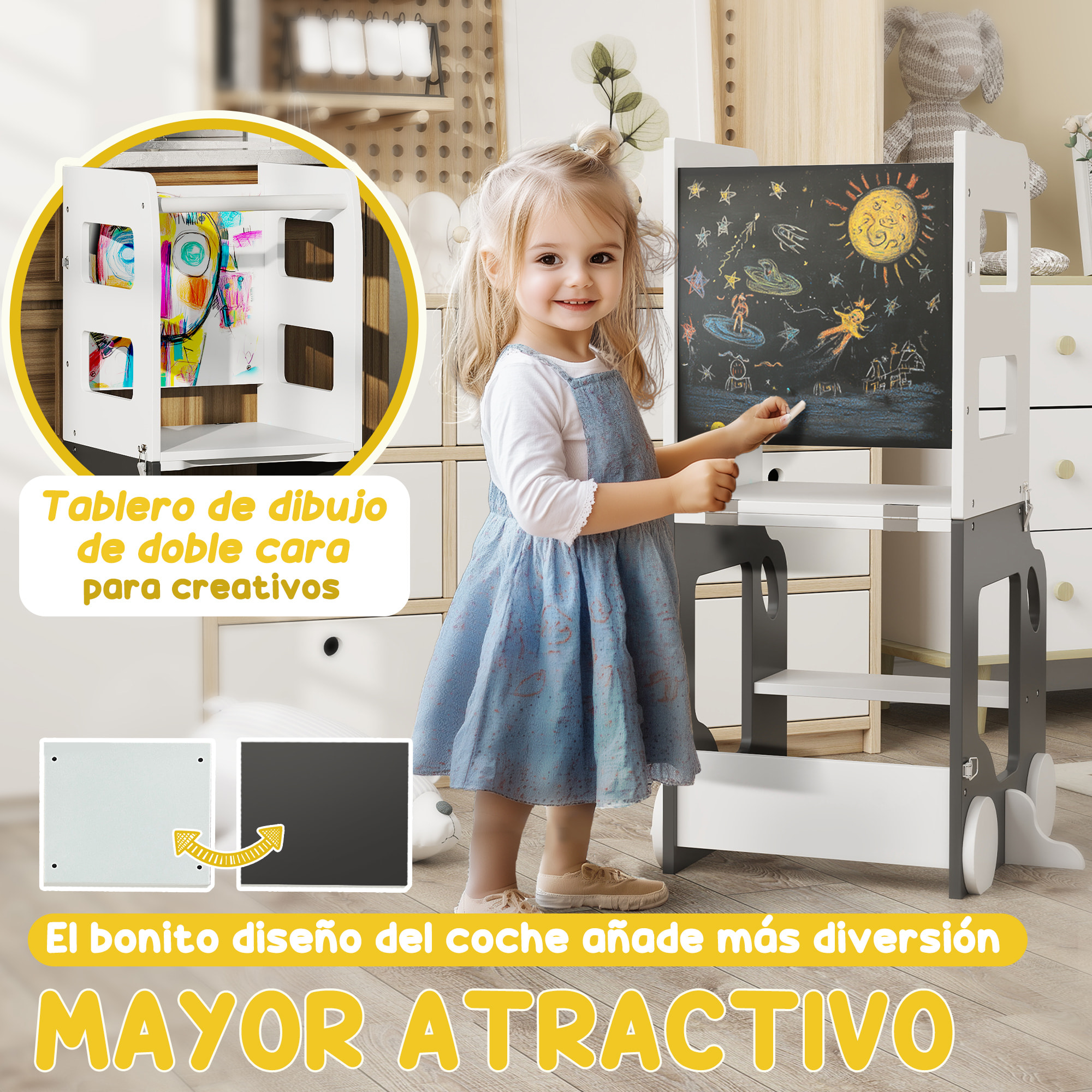 Torre de Aprendizaje 4 en 1 Taburete de Aprendizaje para Niños de +3 Años en Forma de Coche Convertible en Mesa y Silla con Pizarra de Doble Cara Barra de Seguridad 58x46x92 cm Blanco y Gris
