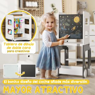 Torre de Aprendizaje 4 en 1 Taburete de Aprendizaje para Niños de +3 Años en Forma de Coche Convertible en Mesa y Silla con Pizarra de Doble Cara Barra de Seguridad 58x46x92 cm Blanco y Gris