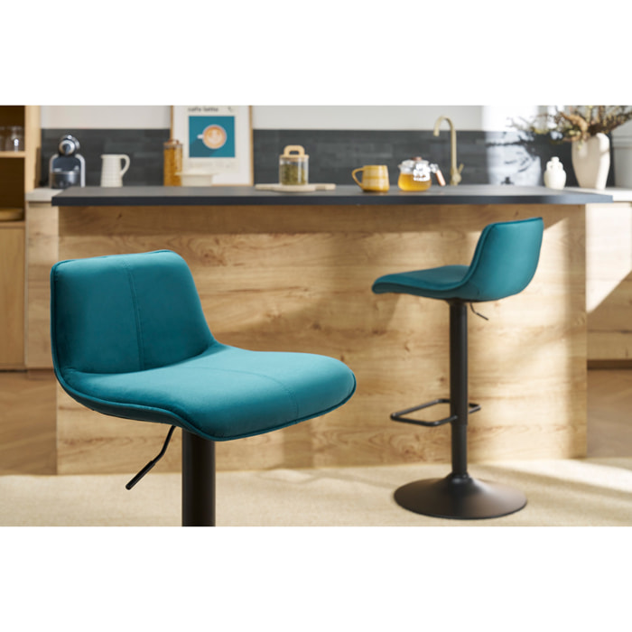 Tabourets de bar réglables pivotants 360° en tissu velours bleu pétrole et métal noir (lot de 2) BOOST