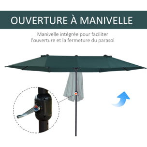 Parasol de jardin XXL parasol grande taille 4,6L x 2,7l x 2,4H m ouverture fermeture manivelle acier polyester haute densité vert