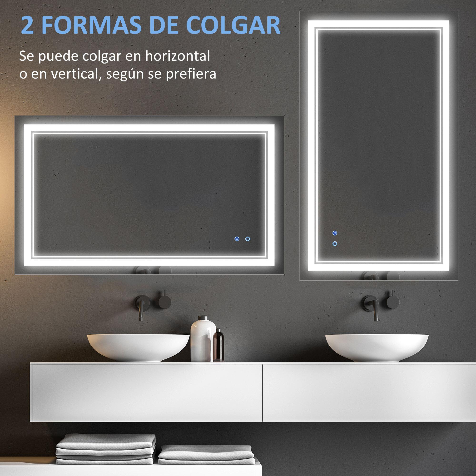 Espejo de Baño con Luz LED 100x60 cm Espejo de Pared con Interruptor Táctil 3 Luces Ajustable Función de Memoria y Marco de Aluminio Espejo Colgante en 2 Formas Plata